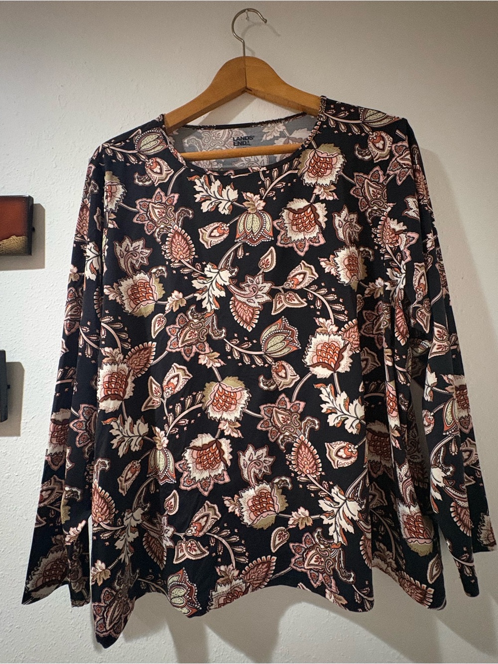 Lands' End Black Floral-Print Long Sleeve 2X